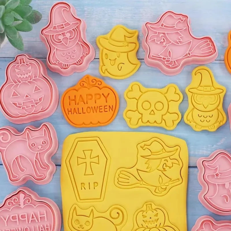 Halloween Cookies Cutters Cartoon Pumpkin Pressable Biscuit Mold Plastic Confectionery Fondant Cookie Stamp Baking Pastry Tools