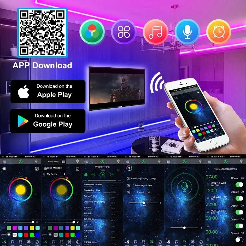 Smart RGB 5050 LED Wall Strip Lights Bluetooth Music Sync APP Remote Flexible Ribbon for TV Backlight Bedroom Home Party Decor